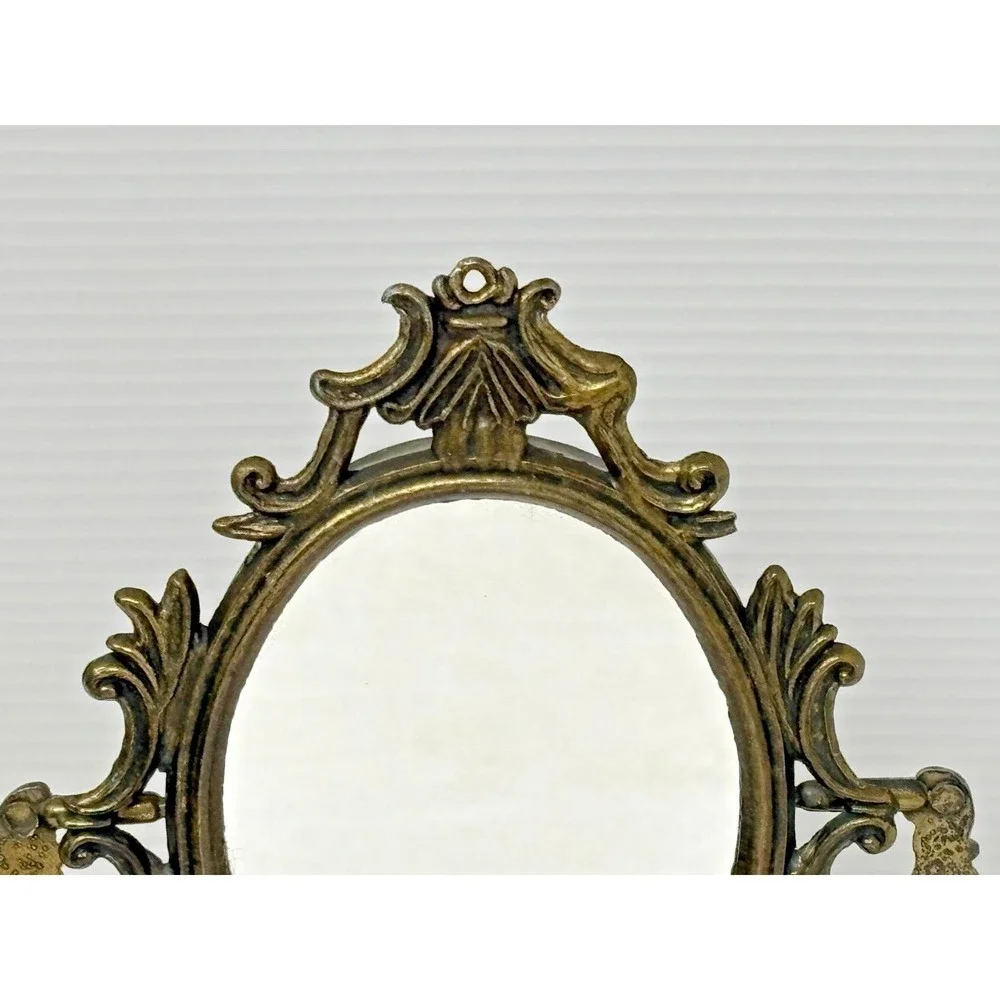 Vtg Ornate Cast Metal Vanity Mirror Tabletop Rococo Victorian Style Brass Finish